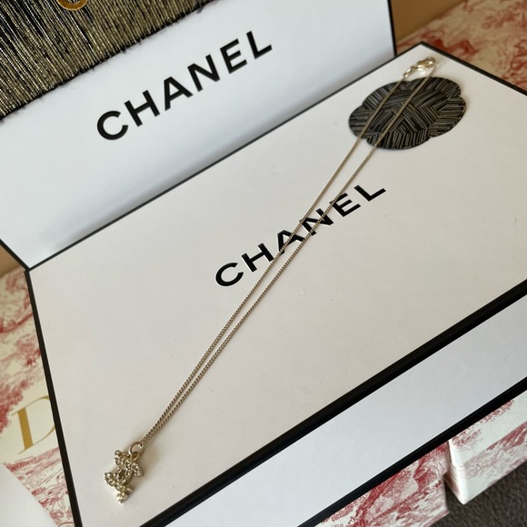 Chanel classic Gold Tone Timeless CC Crystal Pendant Necklace - Picture 10 of 15